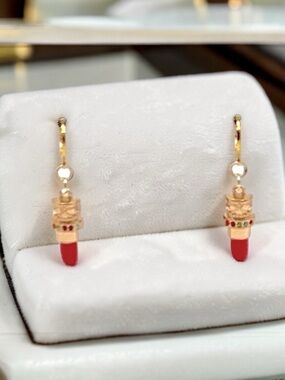 Red Lipstick Gold Case With Multicolor Crystals Lever back Dangle Earrings